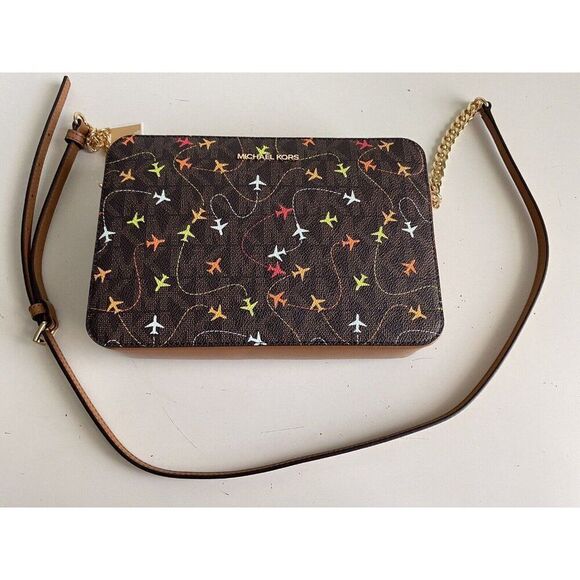 Michael Kors Jet Set Brown Akorn Multi East West Airplanes Crossbody Bag NEW - Picture 2 of 16